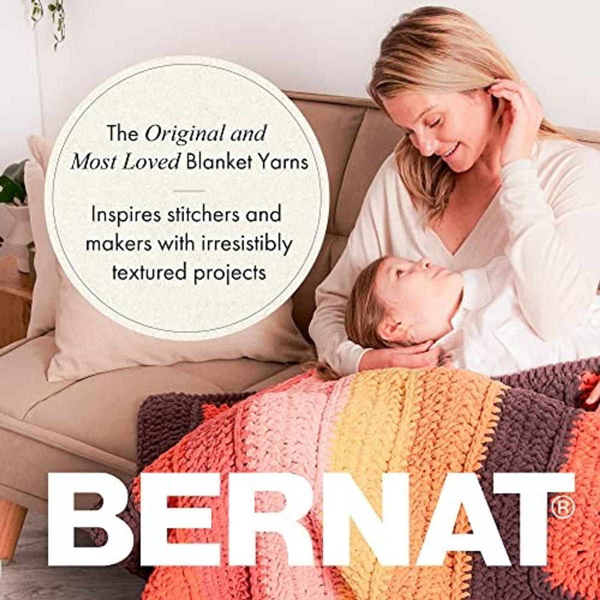 Bernat Softee Baby yarn blanket, multicolor stripes in coral, yellow, brown, cream