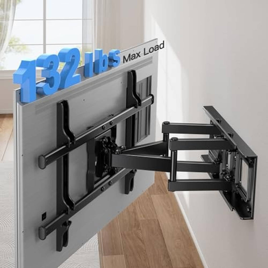 Full motion TV wall mount installed on wall with arms extended, black