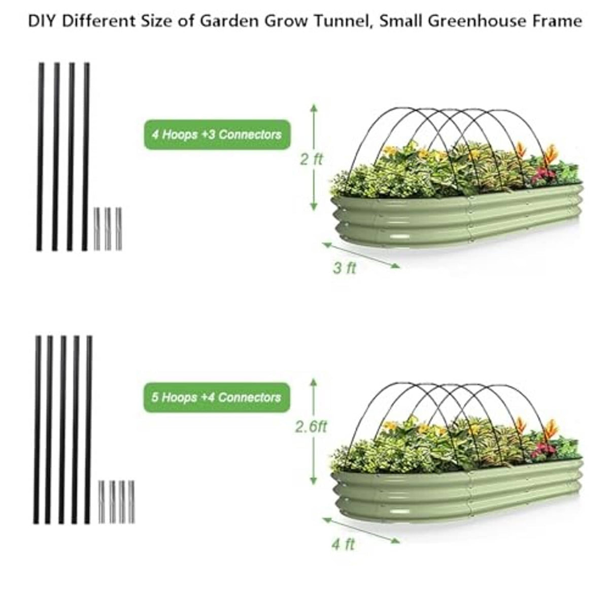 Small garden grow tunnel diagram with green base and arched hoop frame over beds