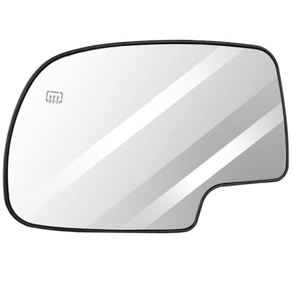 Driver-side heated exterior mirror glass with black frame and corner cutout