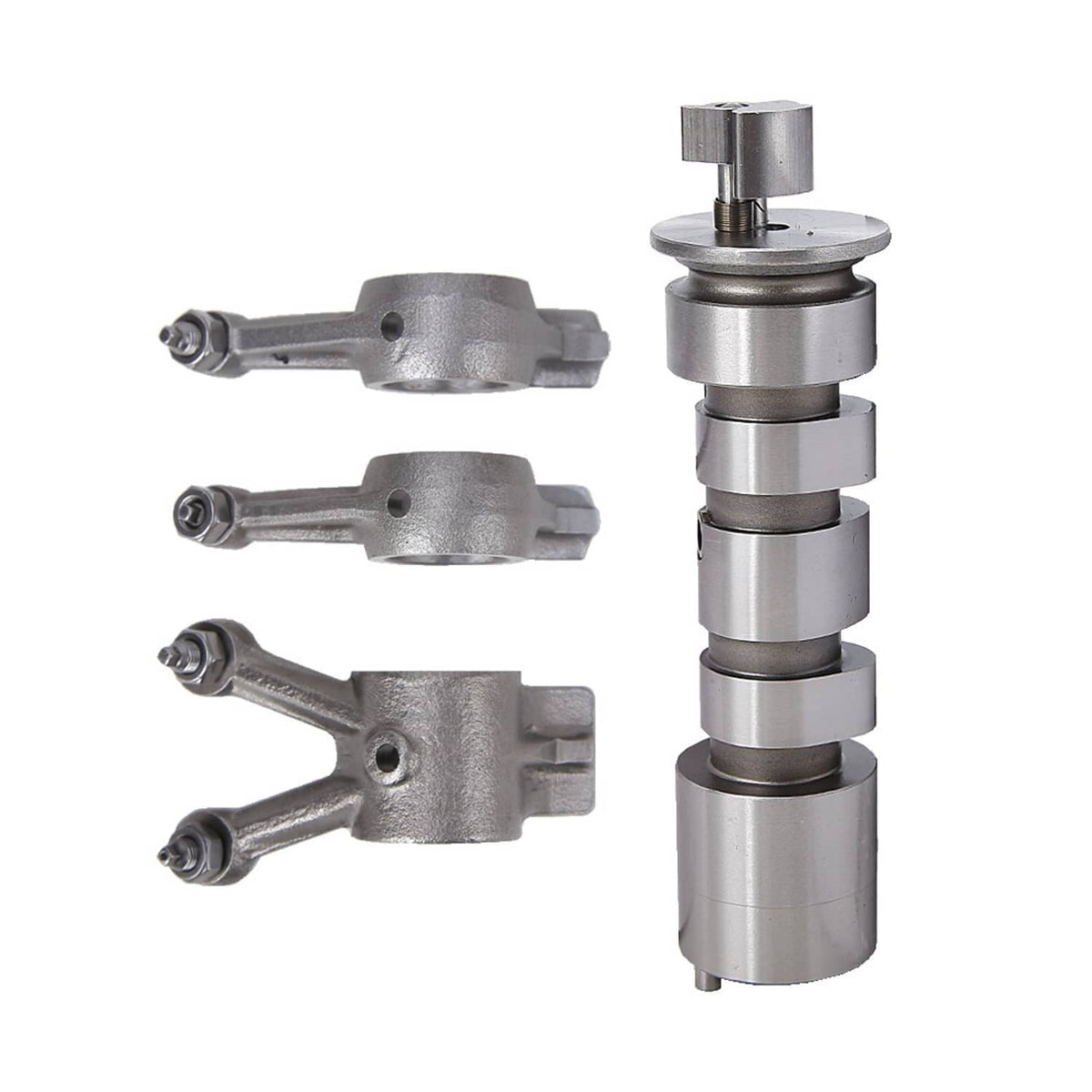 Camshaft assembly with three rocker arms, metallic engine valve train parts