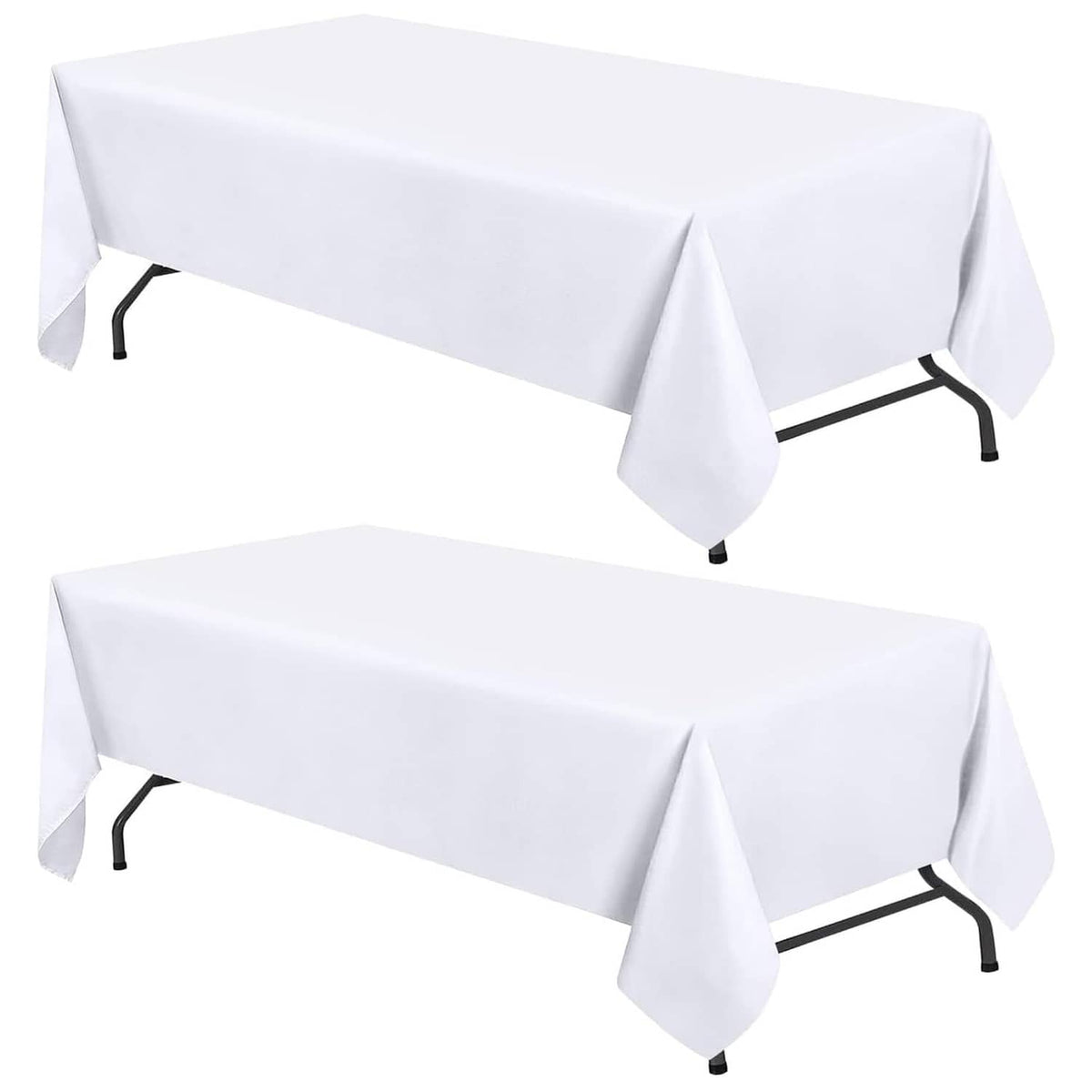 White tablecloth set draped over a 6-foot table, corners and legs visible