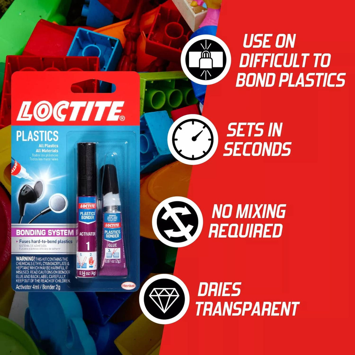 Loctite Plastics Bonding System package with bond features icons