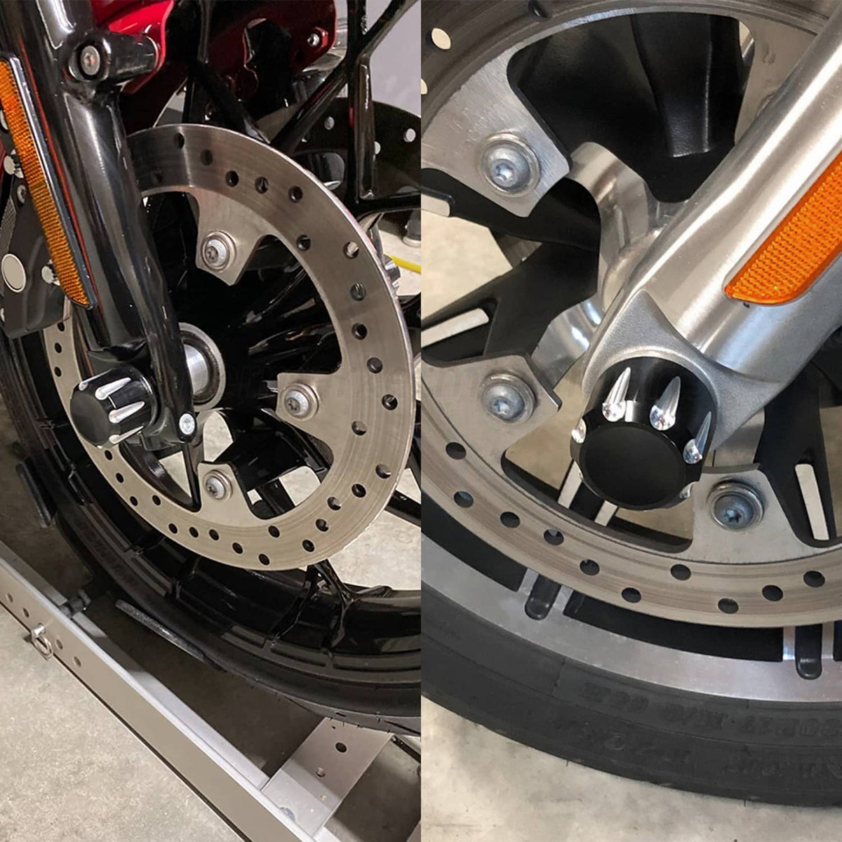 Black axle cap nut cover fitted near motorcycle front brake disc