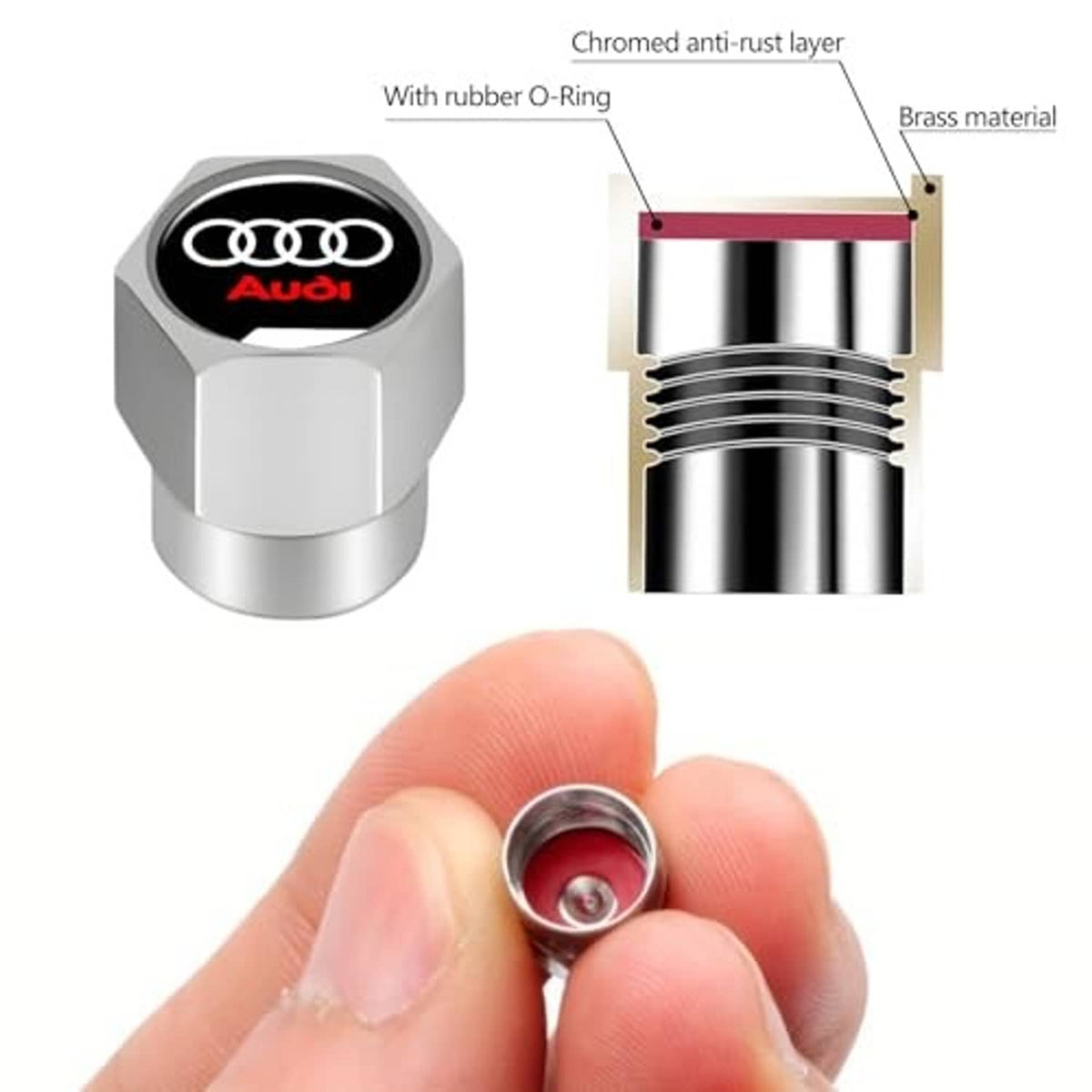 Silver Audi valve stem cap with rubber O-ring and anti-rust chrome layer