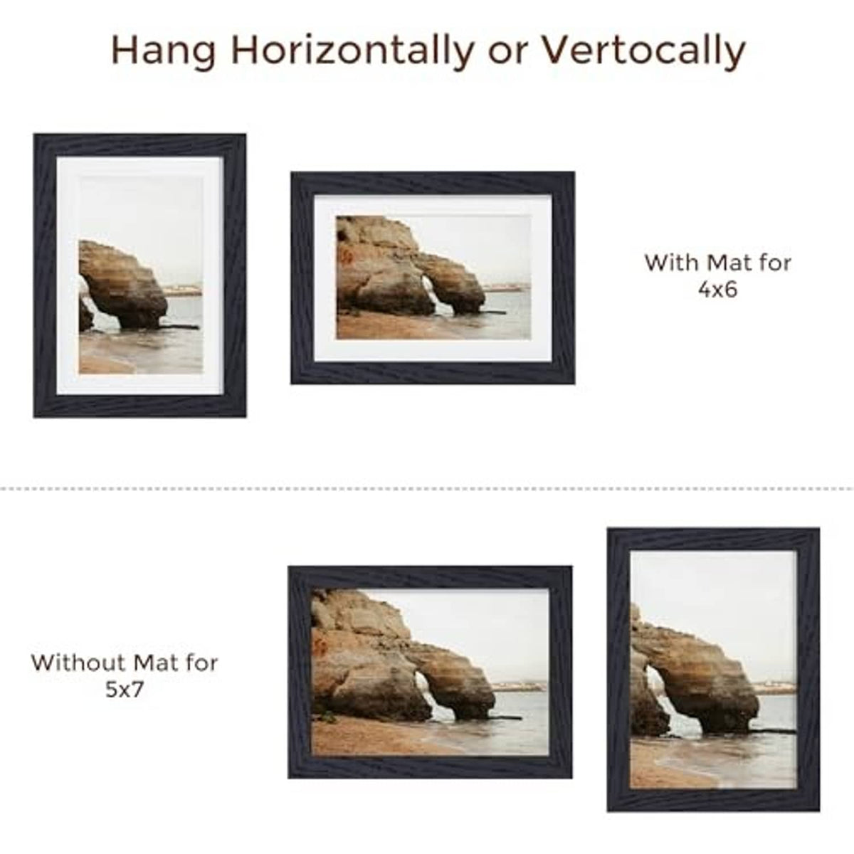 5x7 picture frame mounting guide for horizontal or vertical hanging, with or without mat