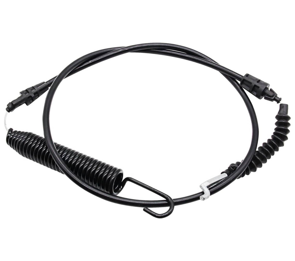 Black PTO cable with coiled spring, looped clip, and connector ends