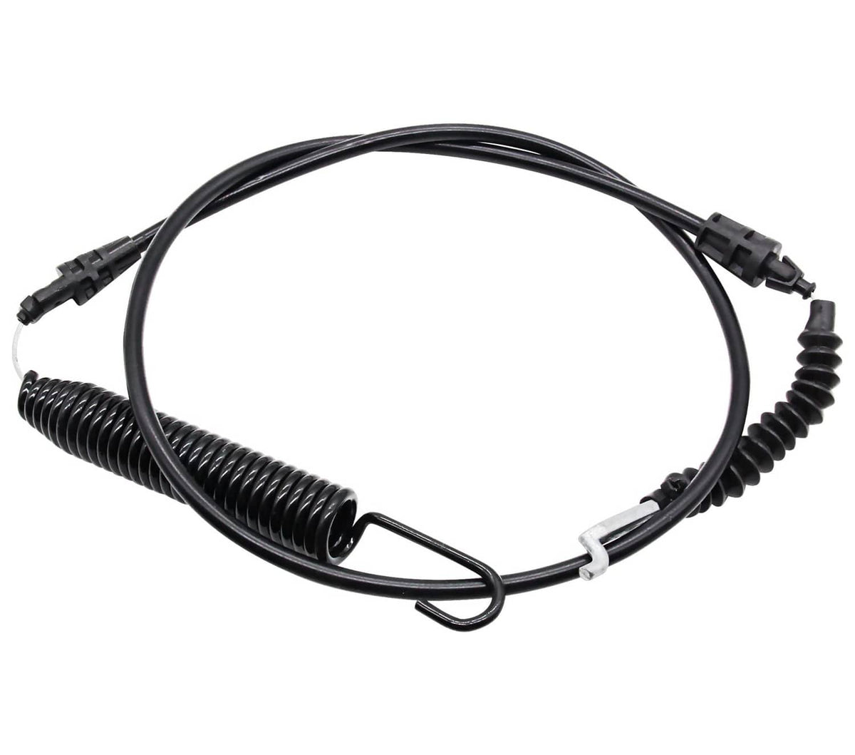 Black PTO cable with coiled spring, looped clip, and connector ends