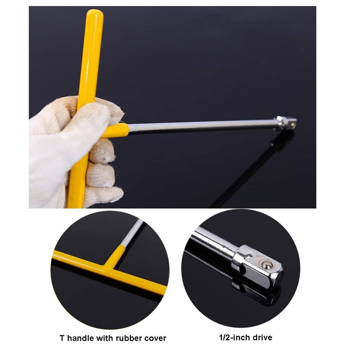 T-handle socket wrench with yellow rubber cover, chrome handle, and socket drive head