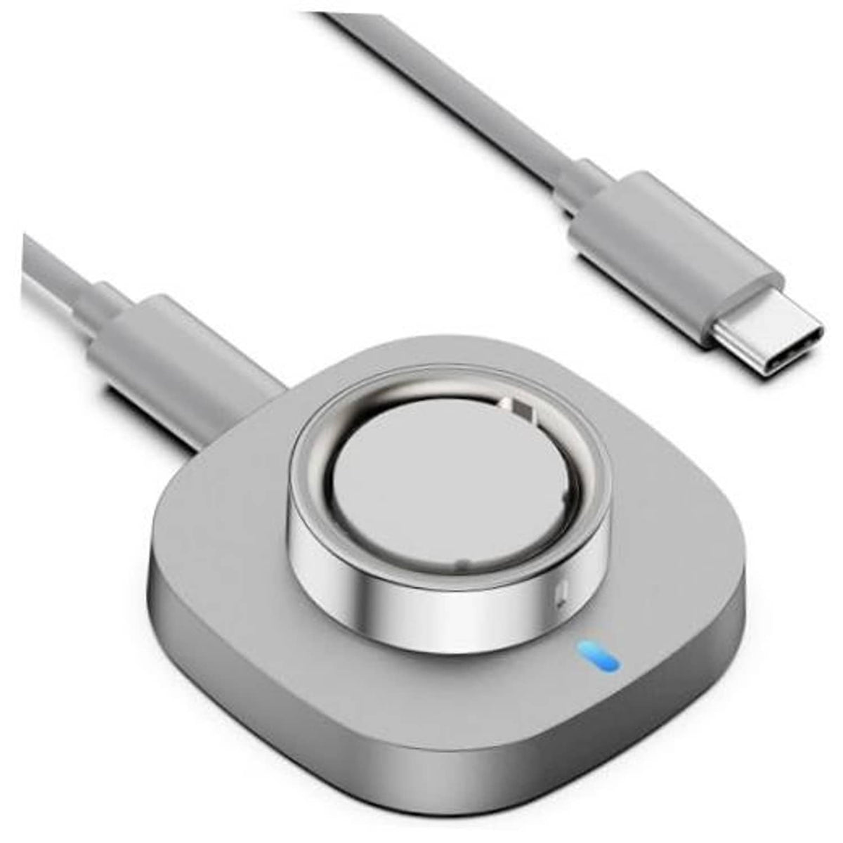 Gray charging dock with metal ring cradle and USB-C charging cable