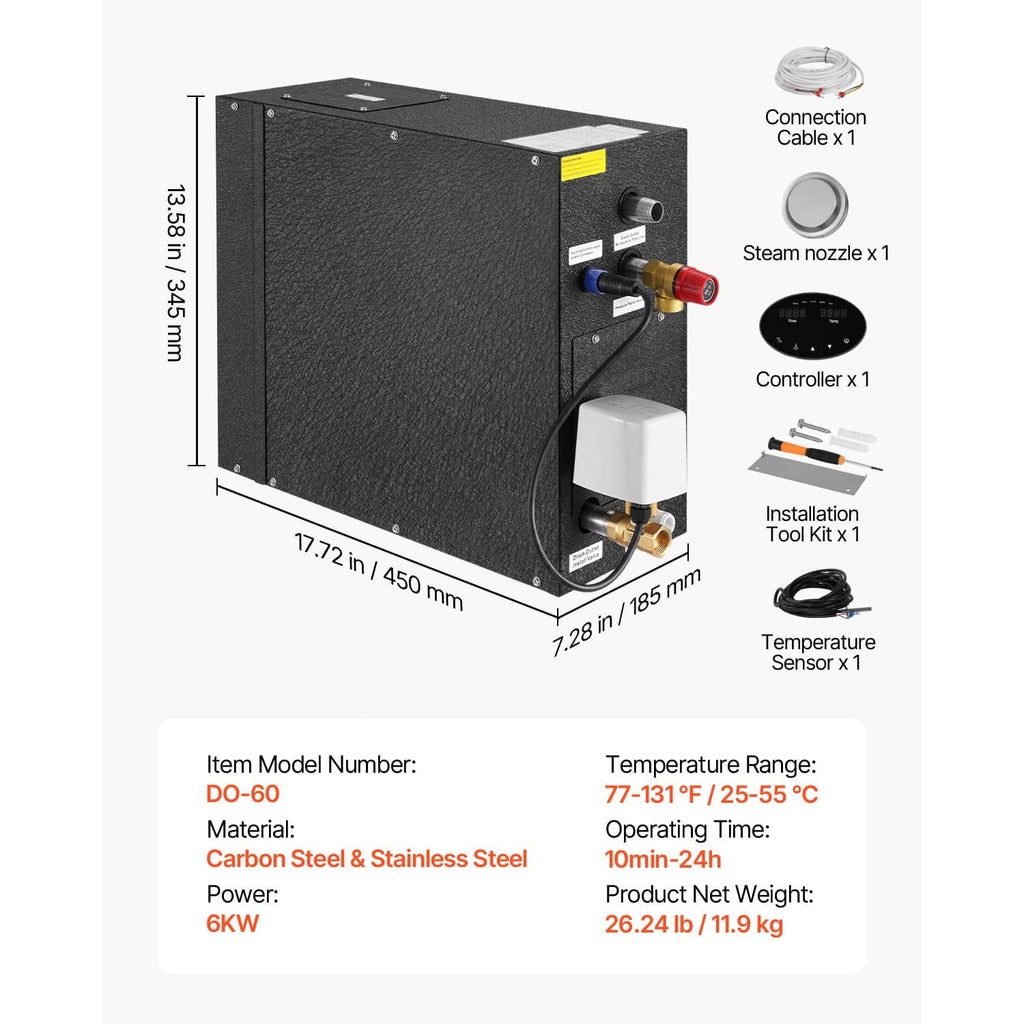 Black steam generator with included controller, steam nozzle, and temperature sensor