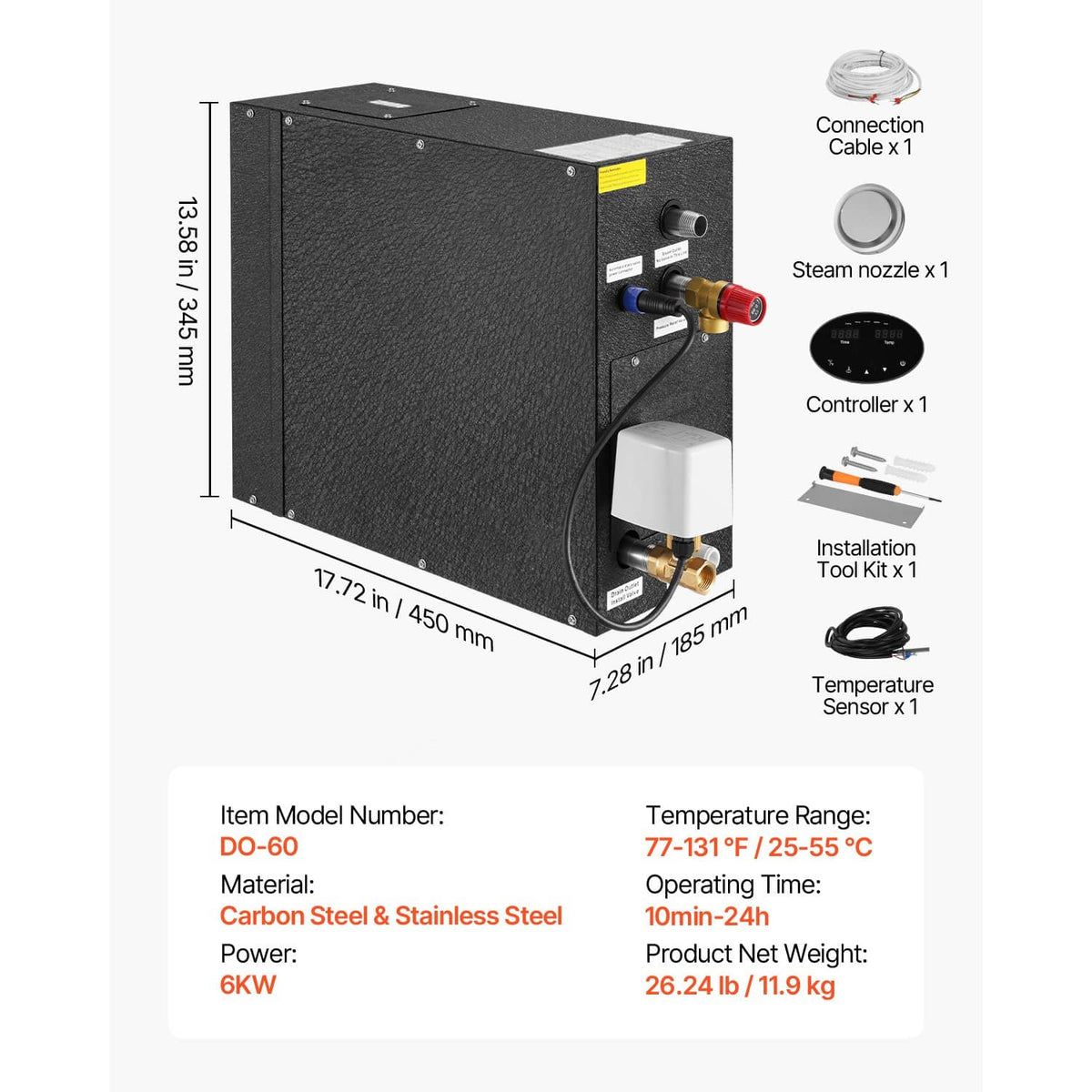 Black steam generator with included controller, steam nozzle, and temperature sensor
