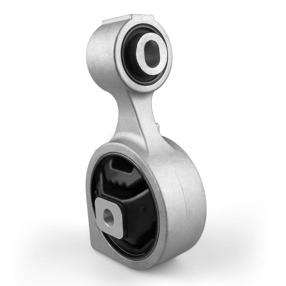 Front torque strut mount in silver with black rubber bushing and metal insert, angled view