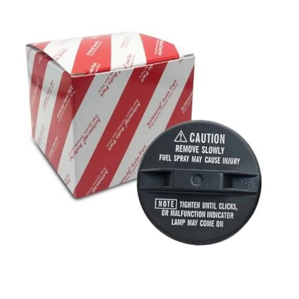 Black fuel tank cap with flip warning label and locking tab, with retail box