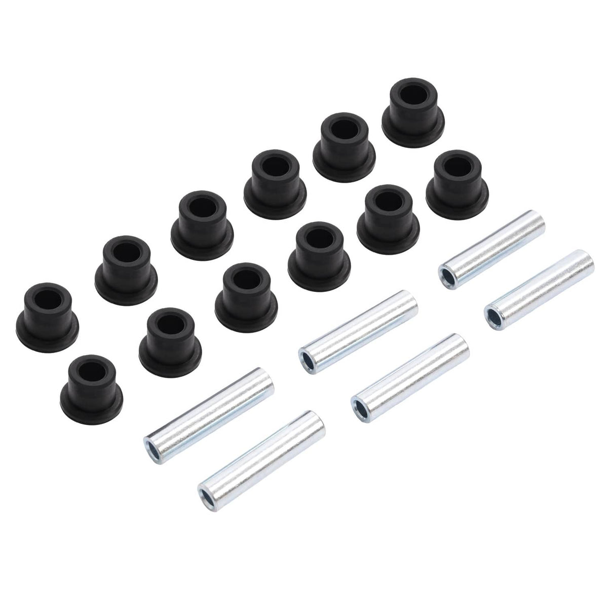 Leaf spring bushing set with black bushings and silver metal pins in a grouped layout