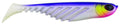Shad fishing lure in silver-white with purple-blue back and yellow belly, lifelike eye