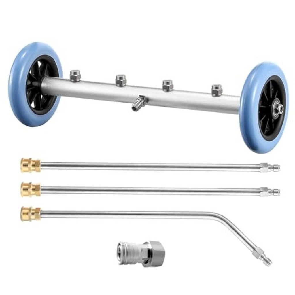 Undercarriage pressure washer extension wand with blue wheels, hose adapter, and nozzles