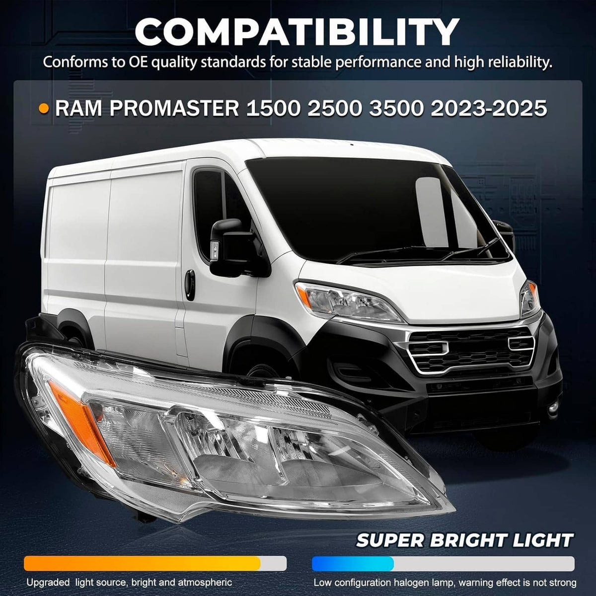 Right halogen headlight shown on a van front; clear lens with amber turn-signal lens