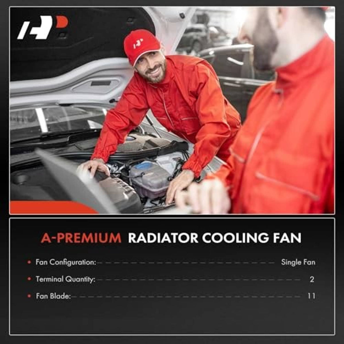 Radiator cooling fan service scene with mechanic working in an engine bay