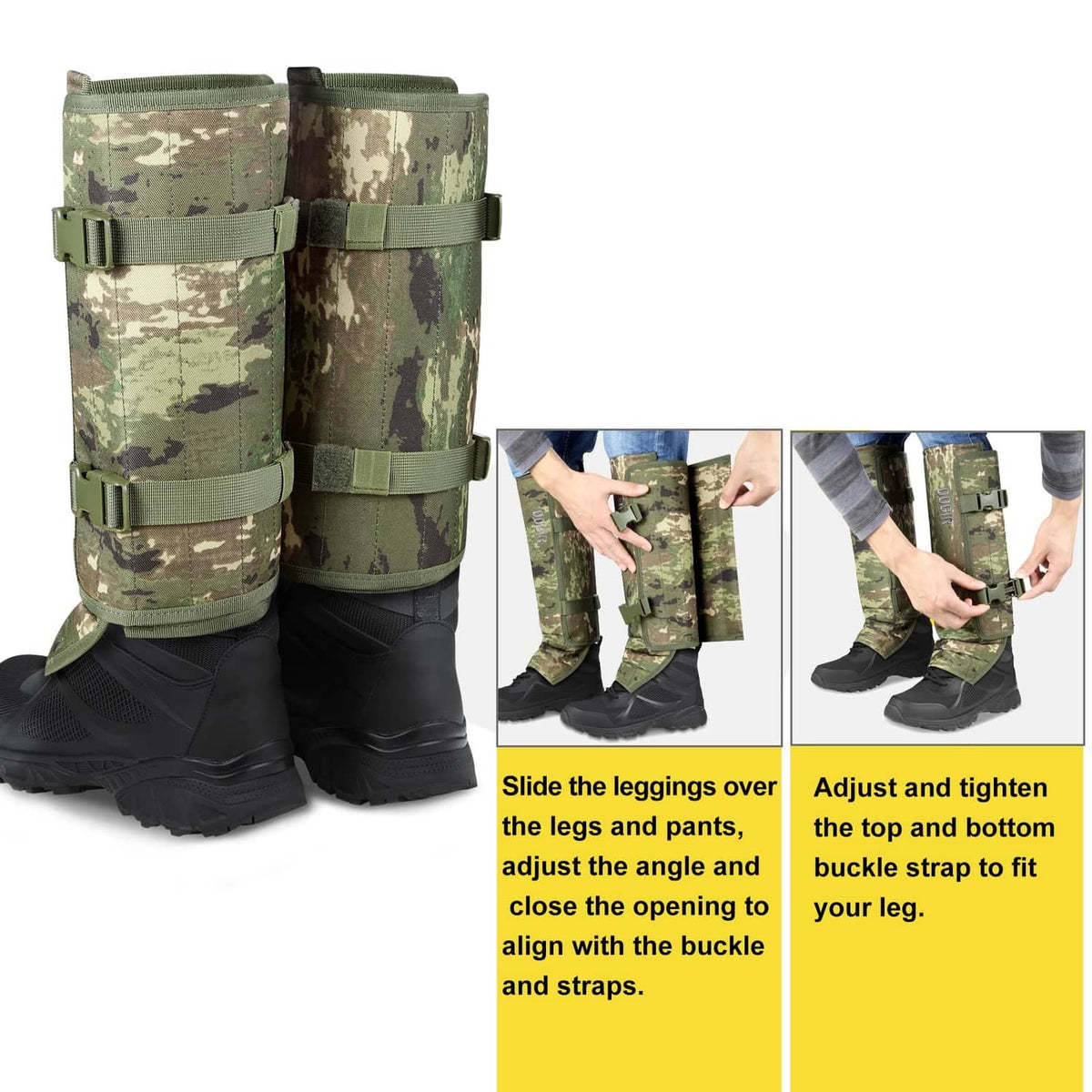 Camouflage snake gaiters with two side straps and top closure for boot coverage.
