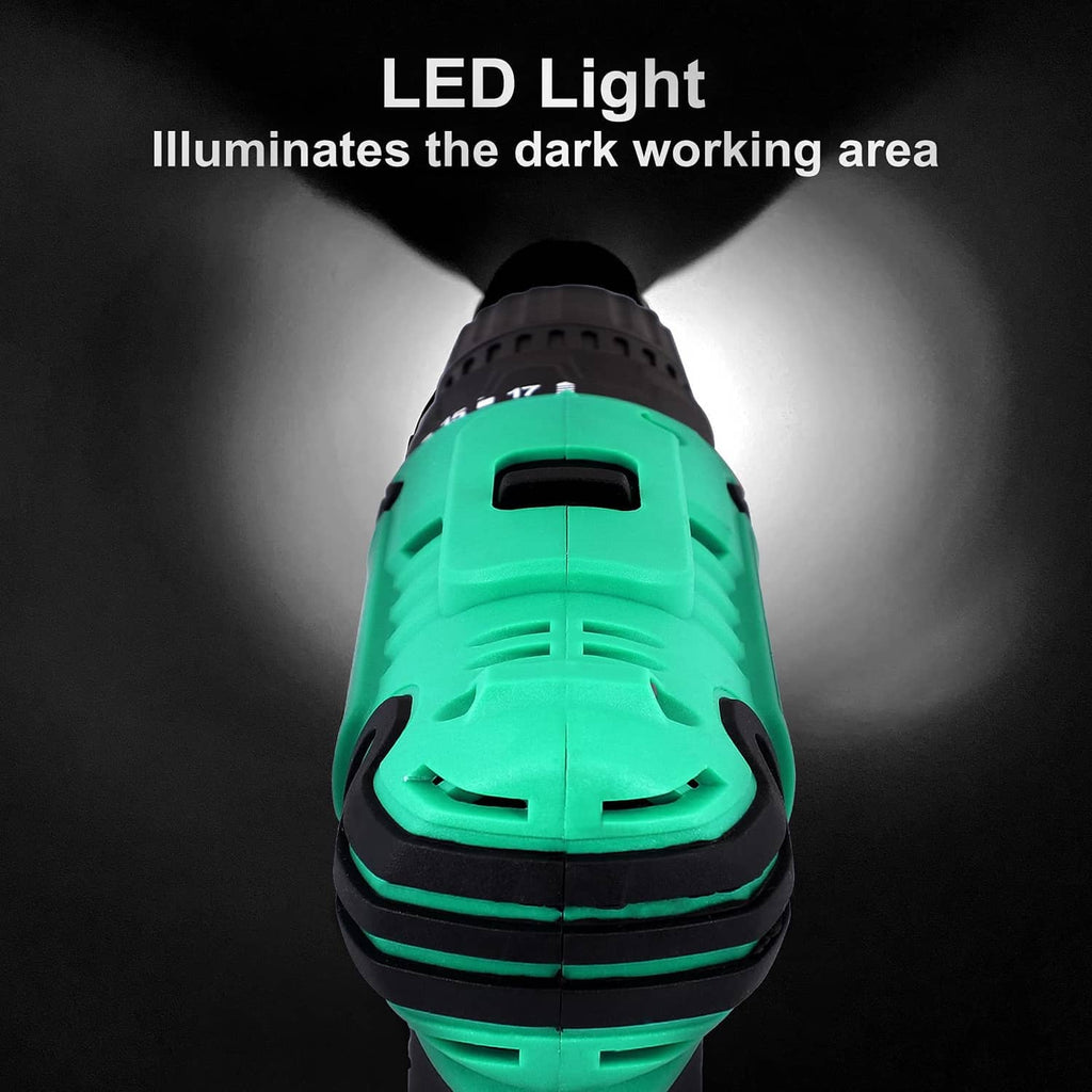 Cordless drill front with LED light opening, teal-and-black body close-up