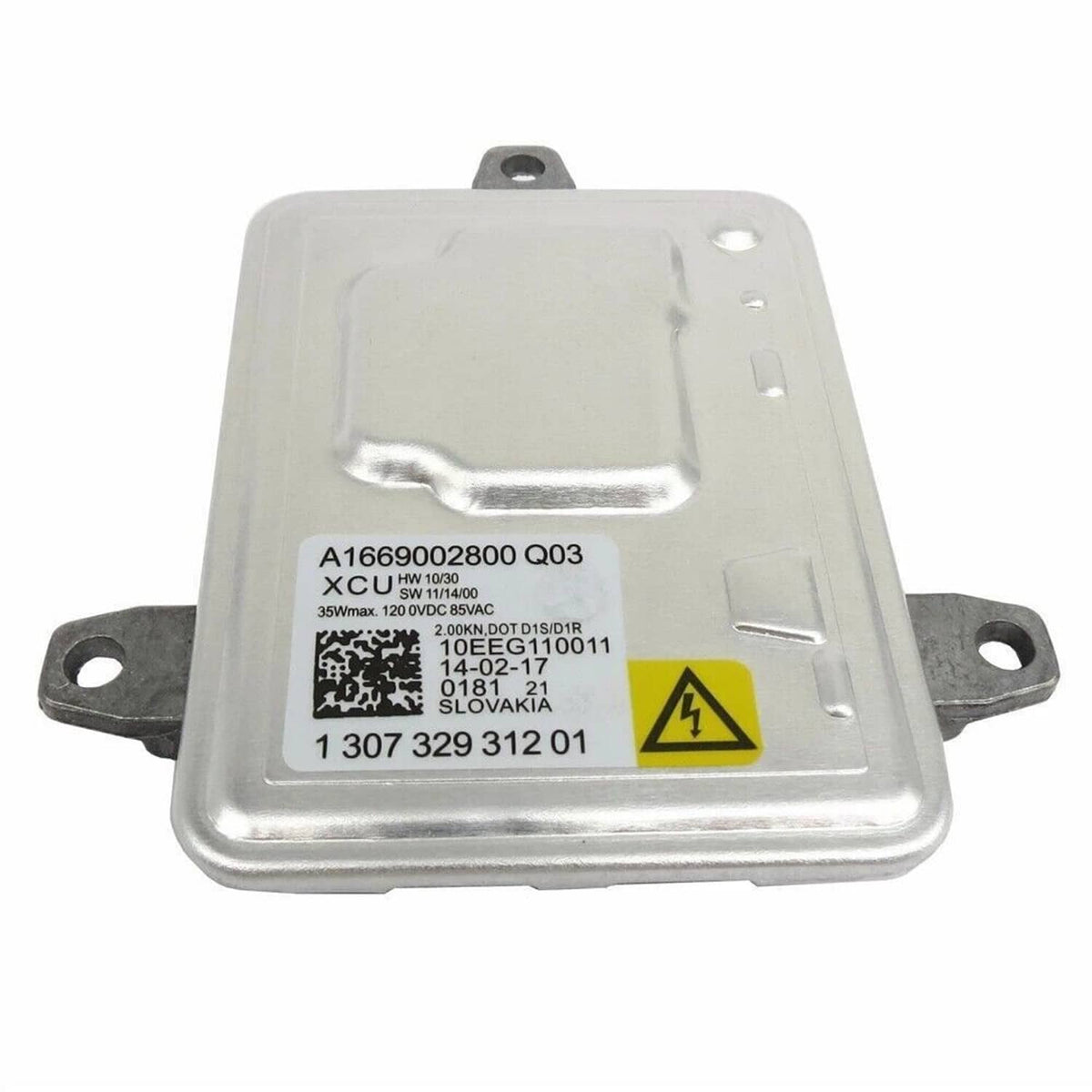 Xenon HID headlight ballast module with mounting brackets, silver metal housing.