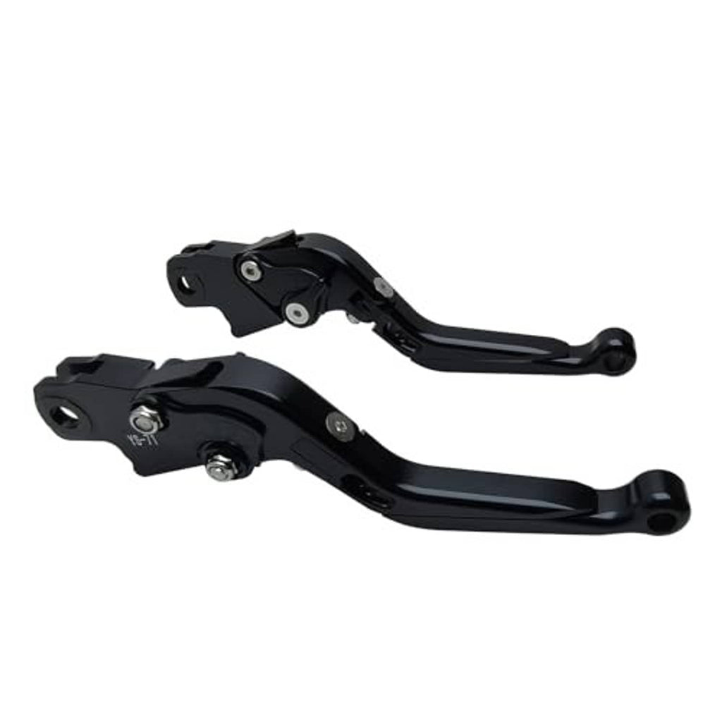 Black brake and clutch lever set with silver pivot screws and curved lever arms