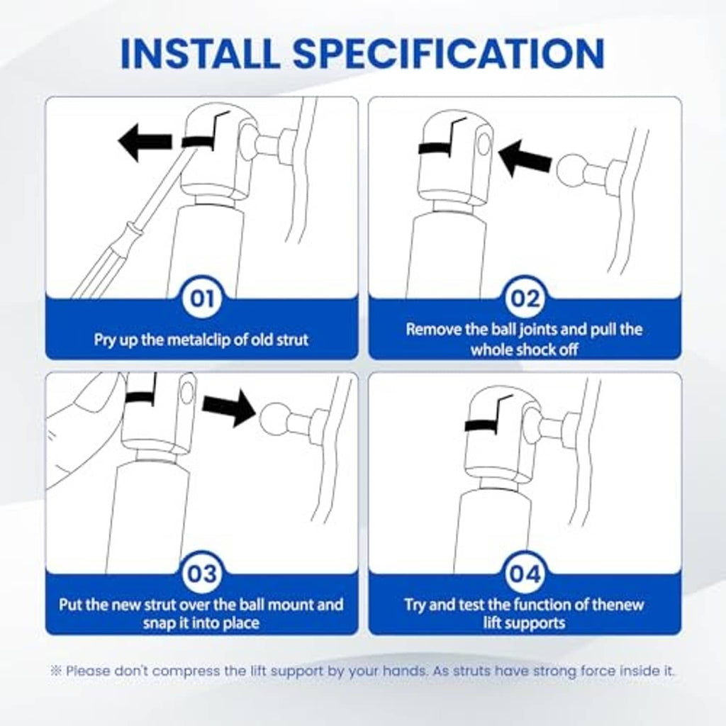 Hood strut installation steps diagram with ball mount and socket tools