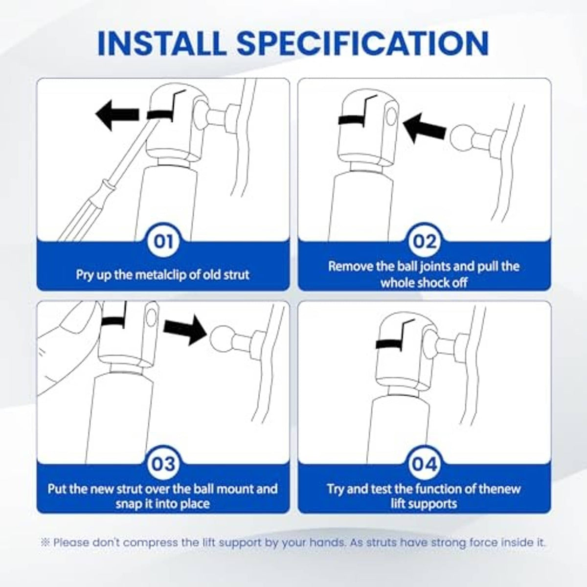 Hood strut installation steps diagram with ball mount and socket tools