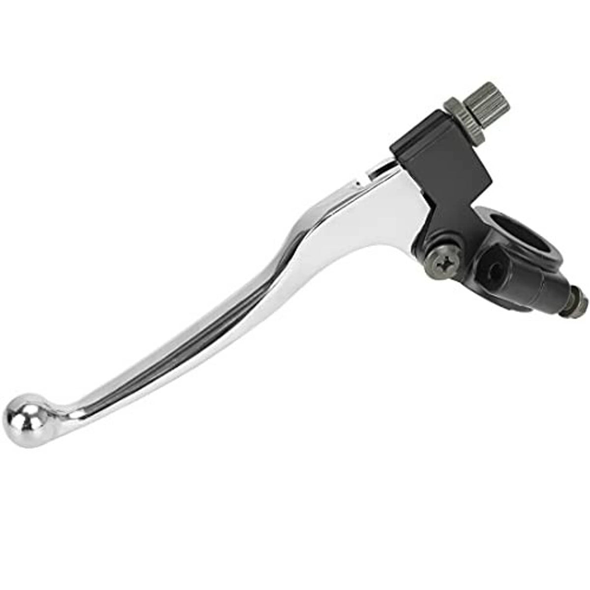 Left brake/clutch lever perch with chrome lever and black housing, close-up of pivot