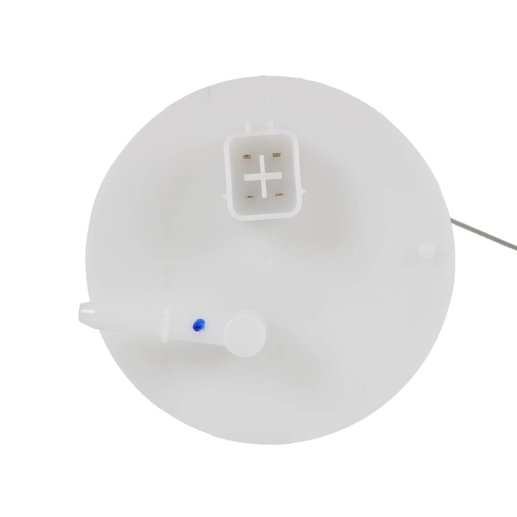 Fuel pump sending unit with white cover, electrical terminals, and mounting stem