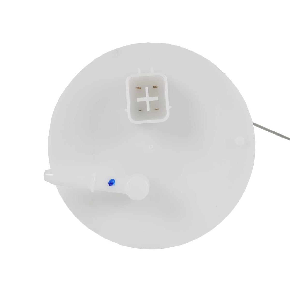 Fuel pump sending unit with white cover, electrical terminals, and mounting stem