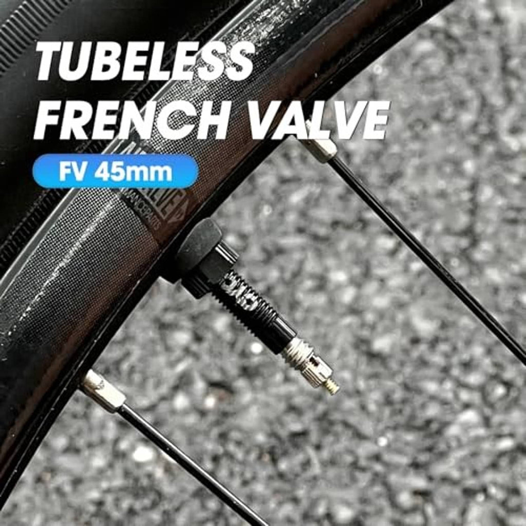 Presta tubeless valve stem inserted in tire rim with metal core