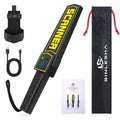 Rechargeable handheld metal detector wand, black with yellow SCANNER panel and wrist strap