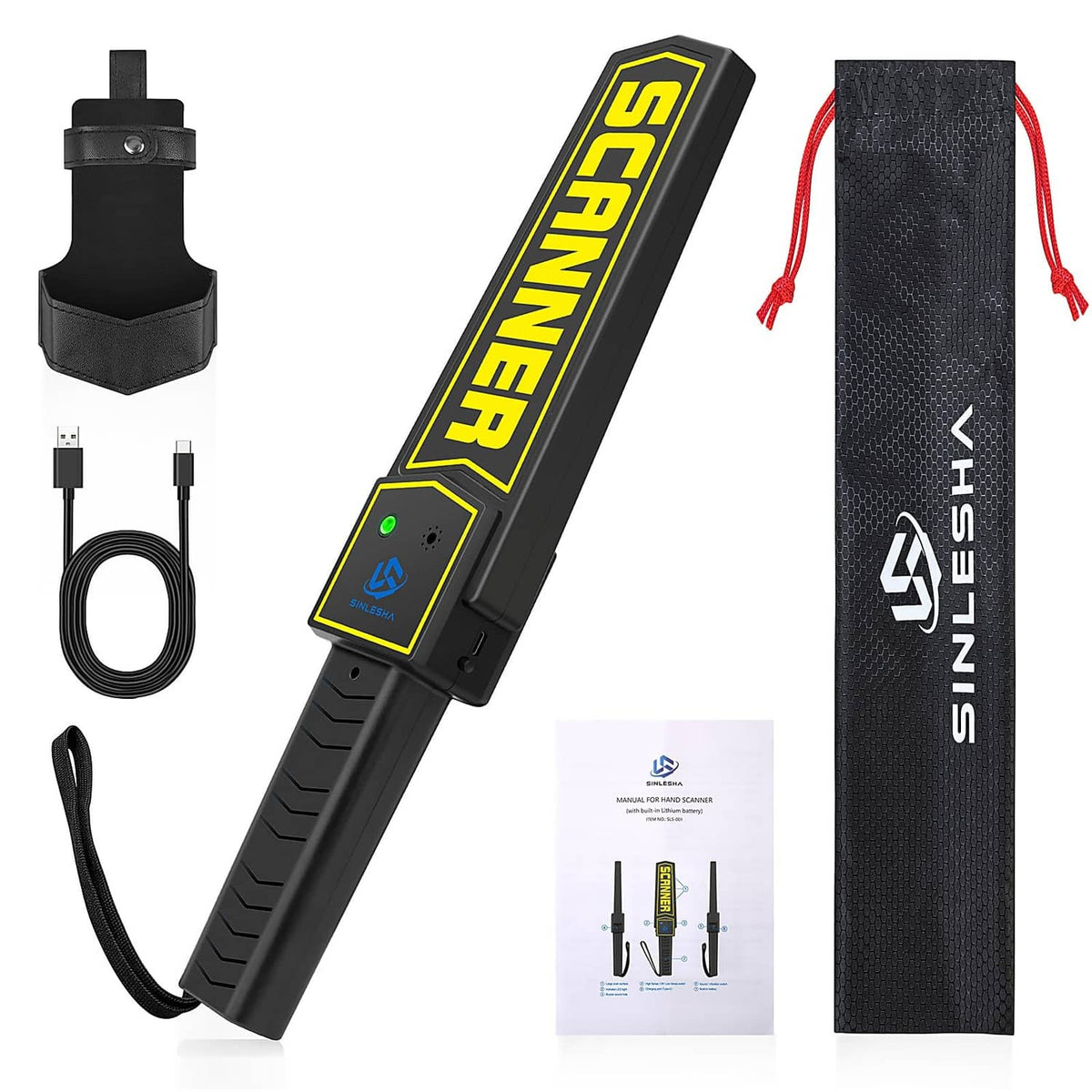 Rechargeable handheld metal detector wand, black with yellow SCANNER panel and wrist strap