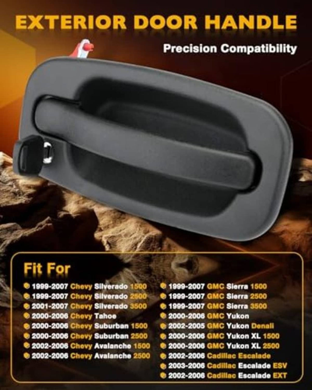 Dark gray exterior door handle with lock cylinder, close-up view