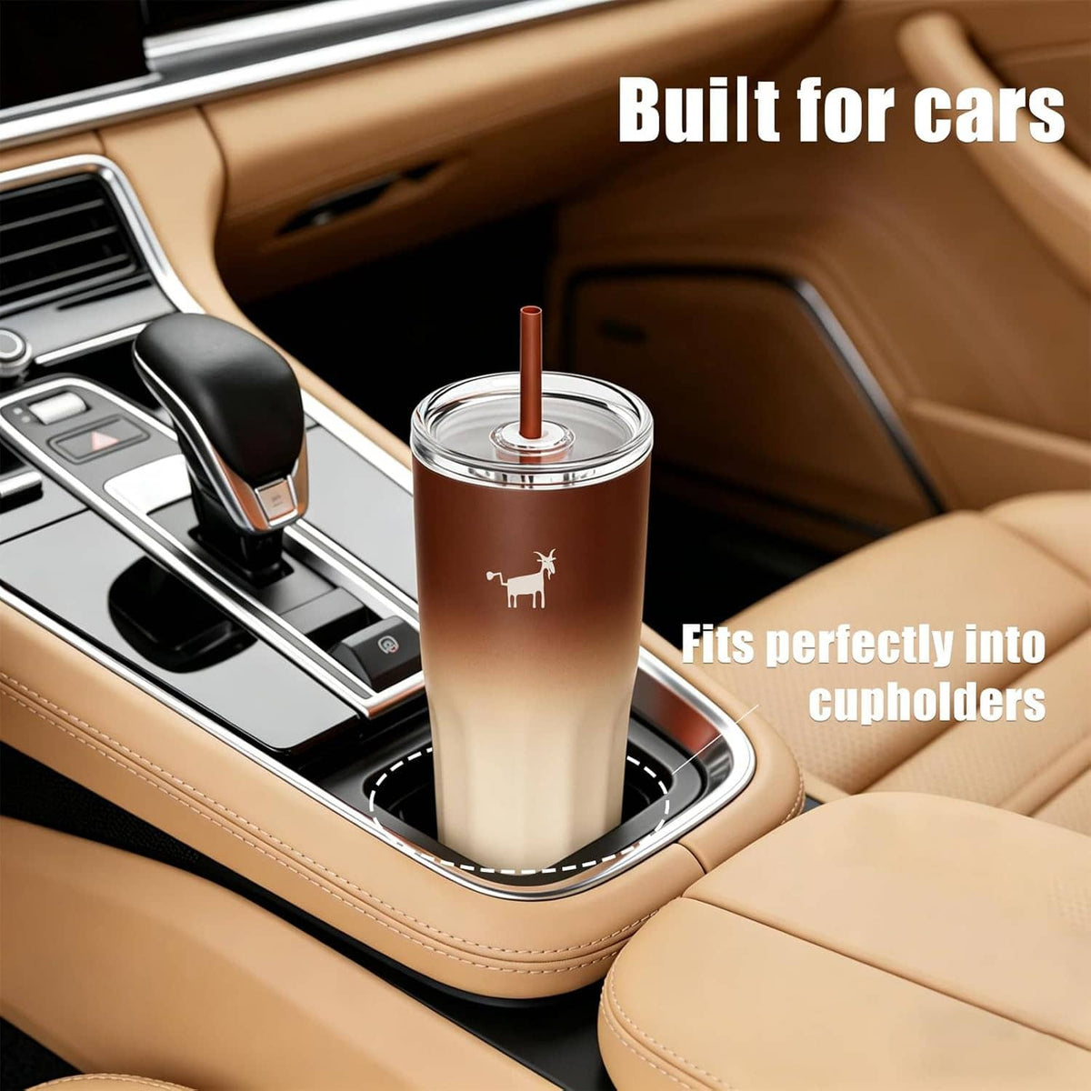 Coffee travel tumbler with straw lid placed in a car cupholder, two-tone brown and cream.