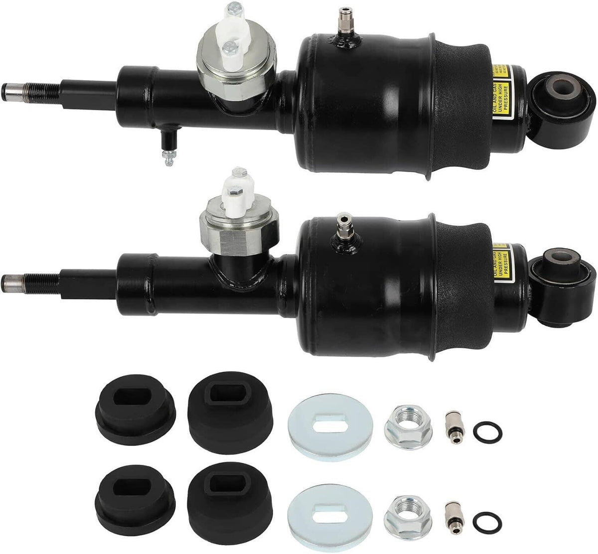 Two black rear hydraulic air suspension shock struts with rubber bushings