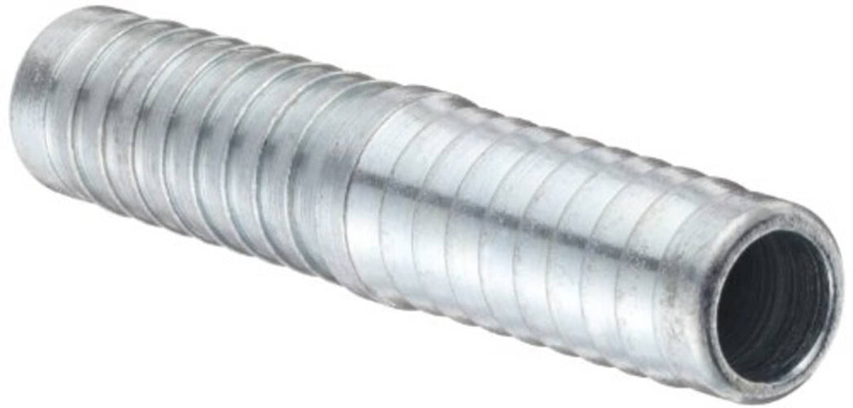Zinc-plated steel barbed hose mender fitting, ribbed exterior with tapered end