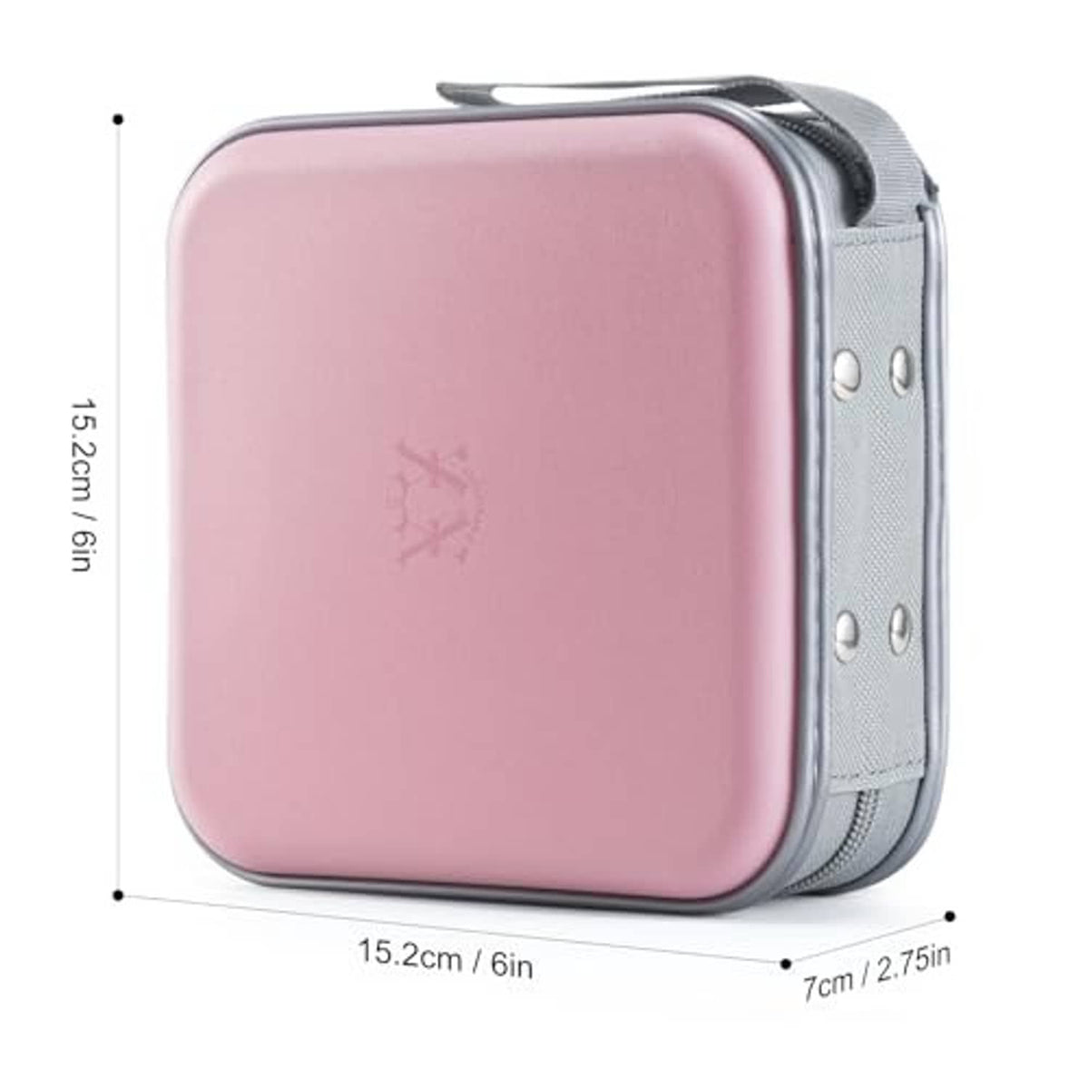 Light pink hard-shell CD case with zipper closure, side profile with metal snaps