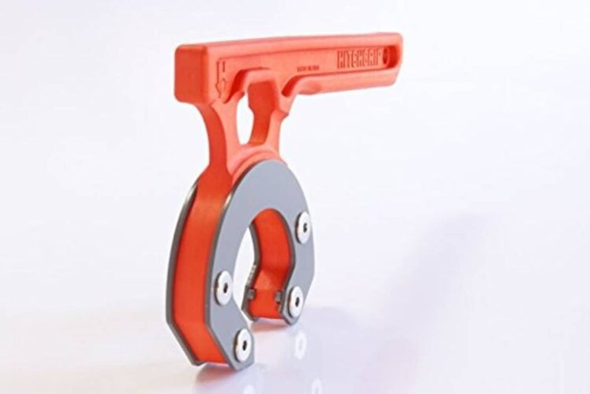 Orange-red hitch ball mount carrier with open ball cup and screws