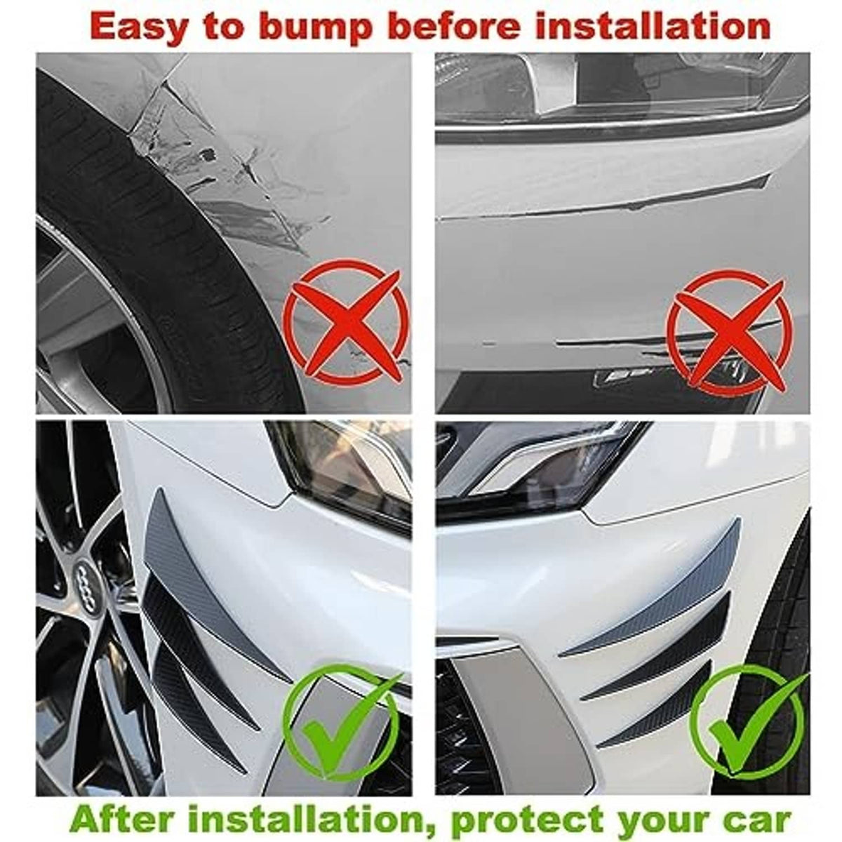 Front bumper canard fins shown after installation on a white car, black carbon-fiber-look