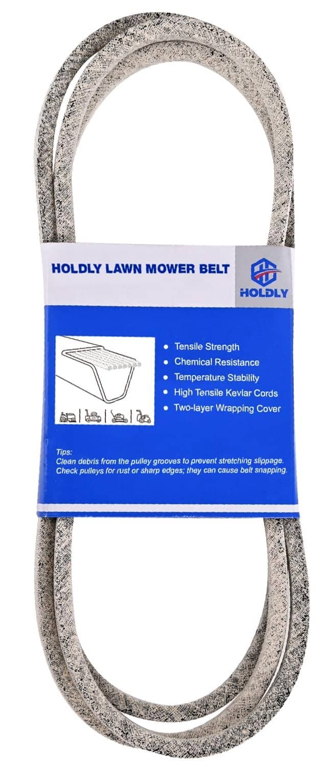 Gray speckled lawn mower deck drive belt with blue HOLDLY label