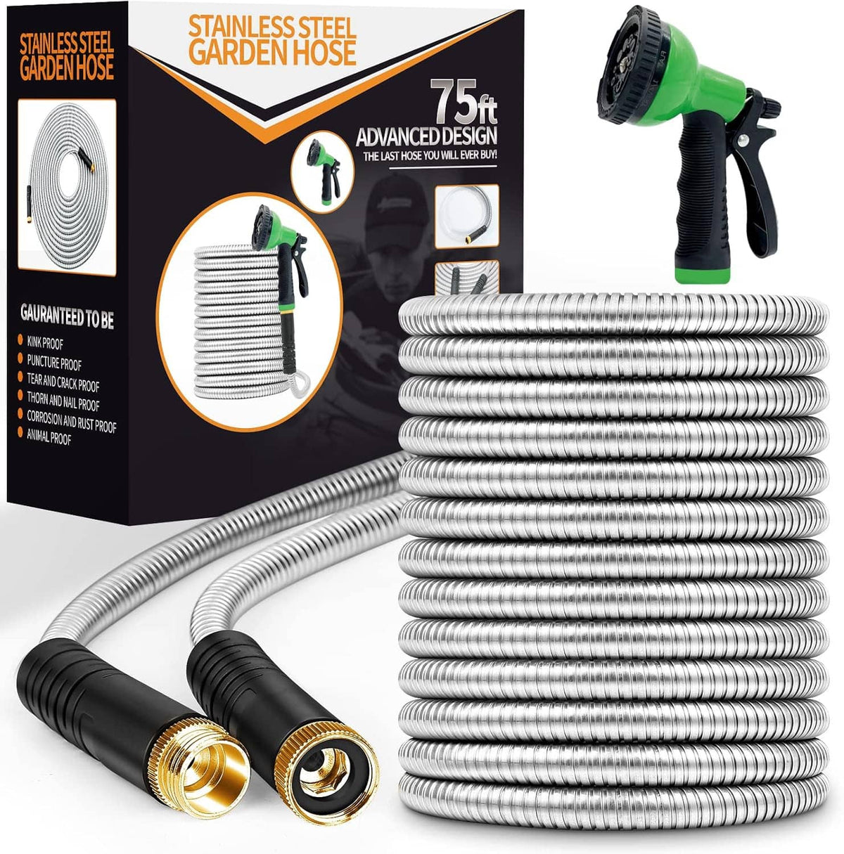 Stainless steel garden hose set with green spray nozzle and black-and-gold connector ends