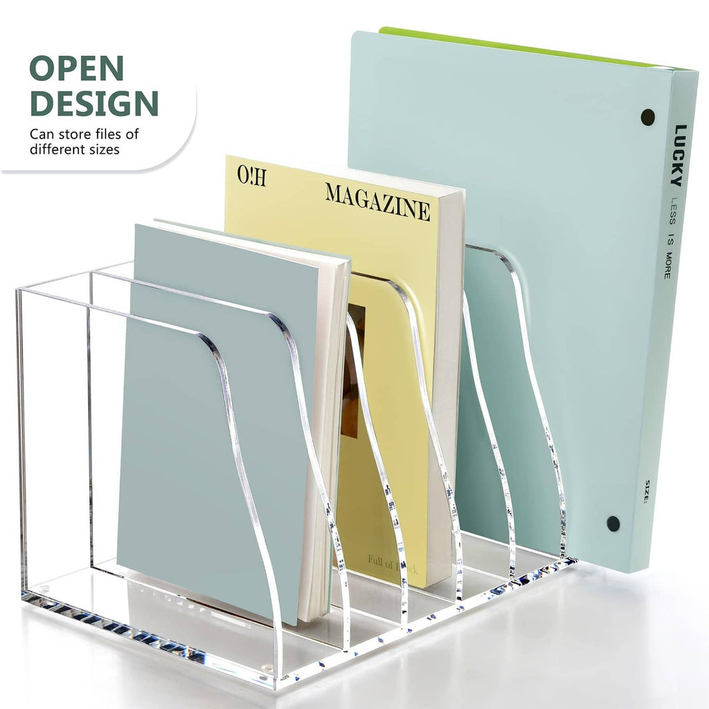 Clear acrylic 6-slot magazine holder with arched cutout handles; teal and cream covers shown