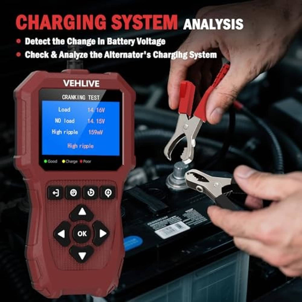 Red car battery tester on charging system analysis screen with clamp leads connected