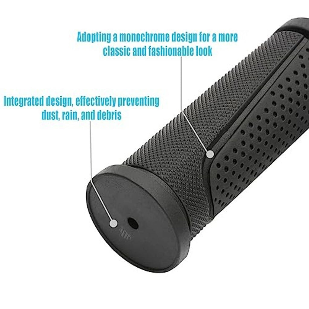 Black bike handlebar grips with domed end caps and perforated grip pattern