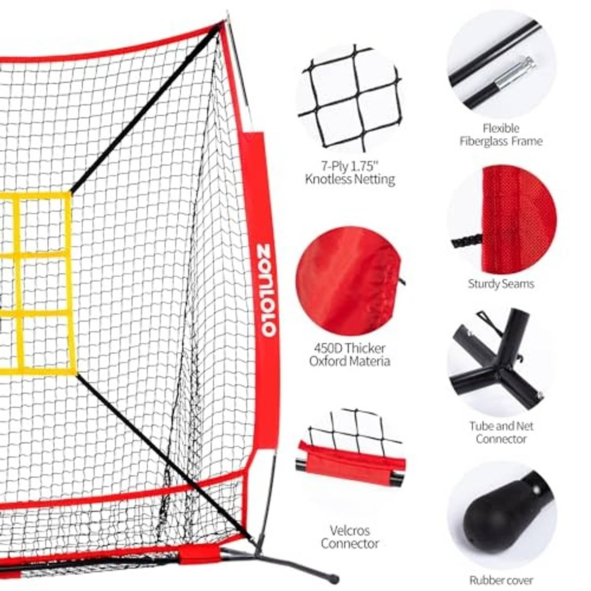 Baseball net close-up with red frame, yellow strike targets, and net connection straps