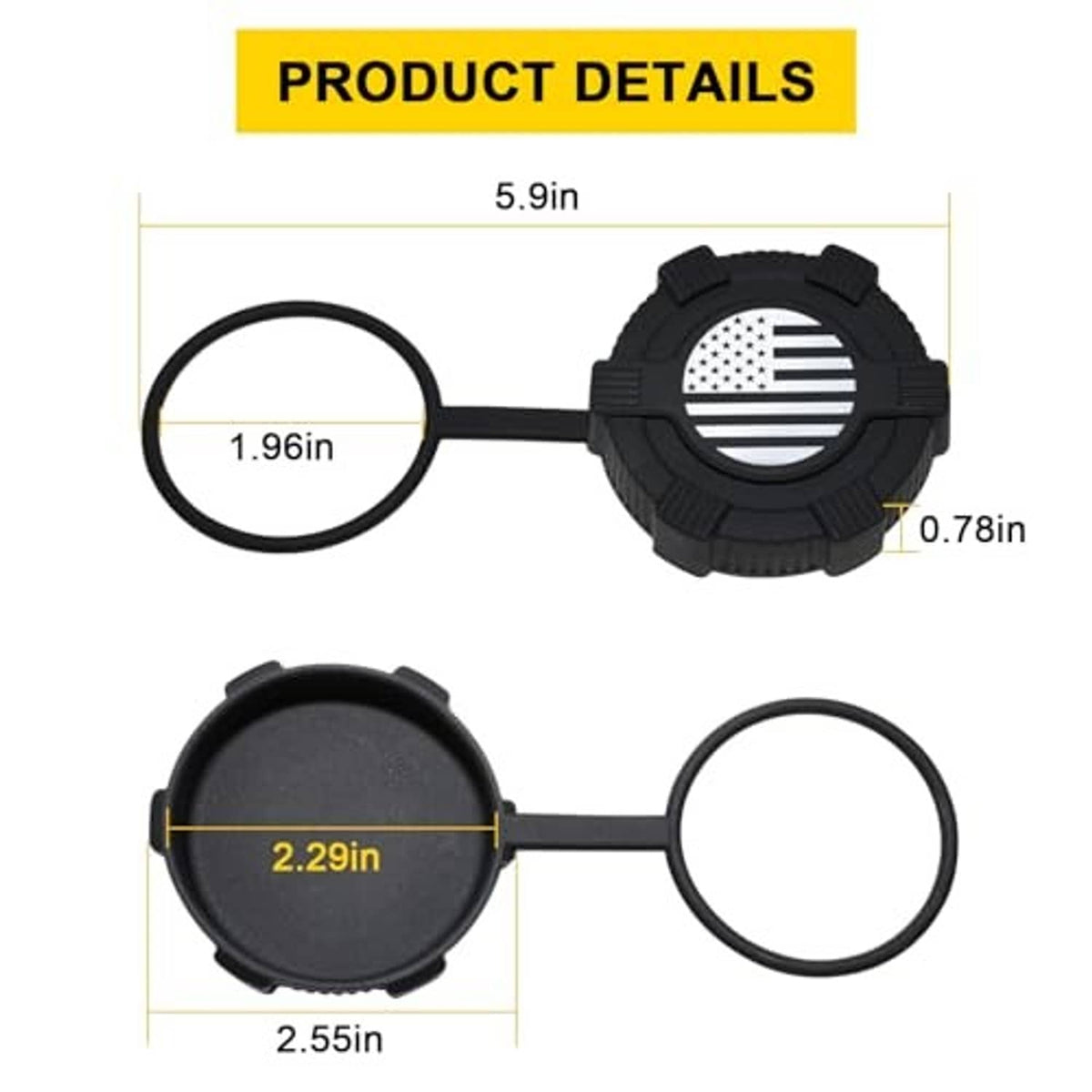 Black fuel filler dust cover with US flag emblem with size measurement labels