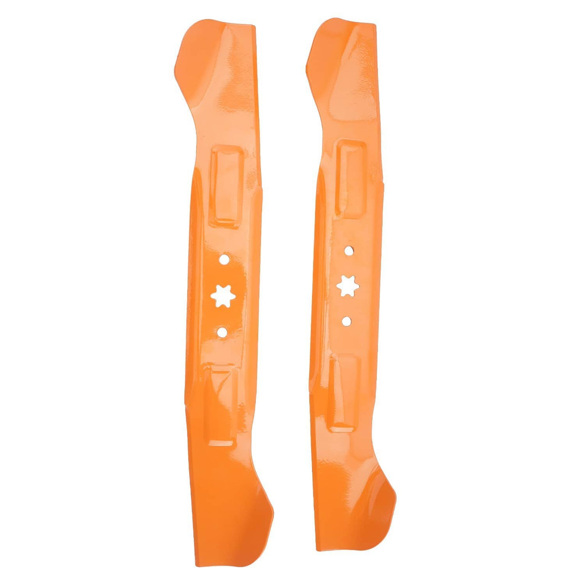 Orange mower blade pair underside view with mounting slots and star center cutout